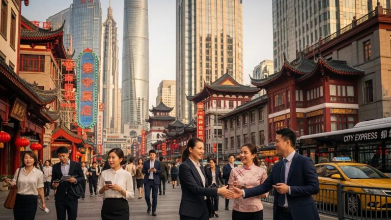Vibrant business district in China with modern skyscrapers and traditional architecture, representing market opportunities