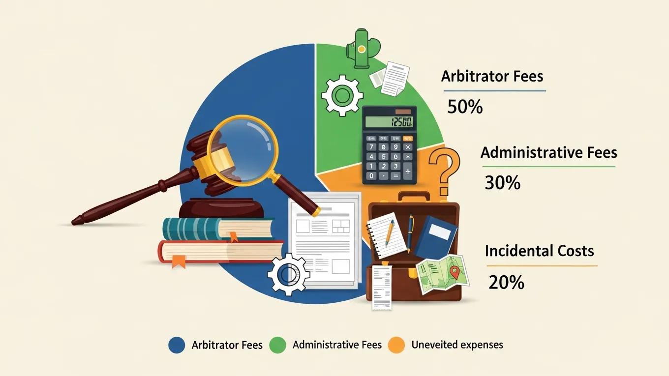 Visual breakdown of arbitration fee components: administrative fees, arbitrator fees, and incidental costs