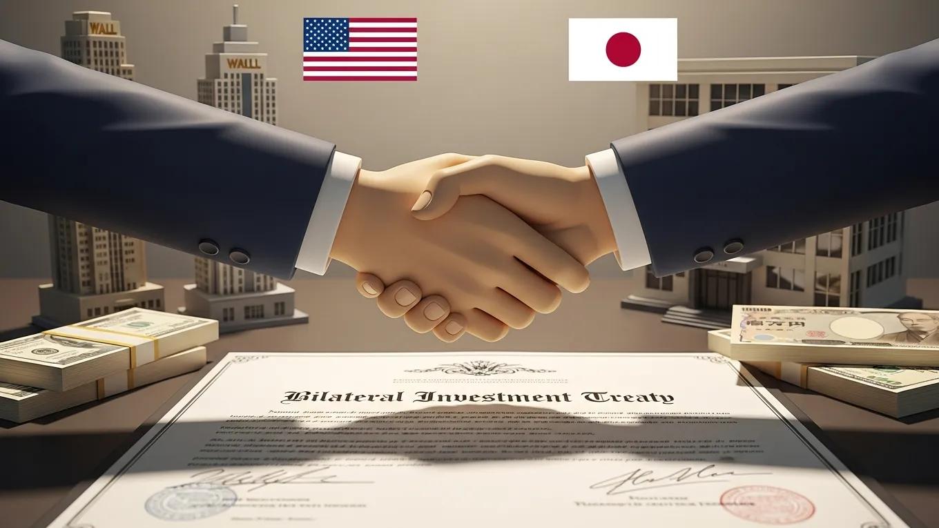 Handshake over a bilateral investment treaty document, featuring U.S. and Japanese flags, symbolizing international investment agreements and legal protections for foreign investors.