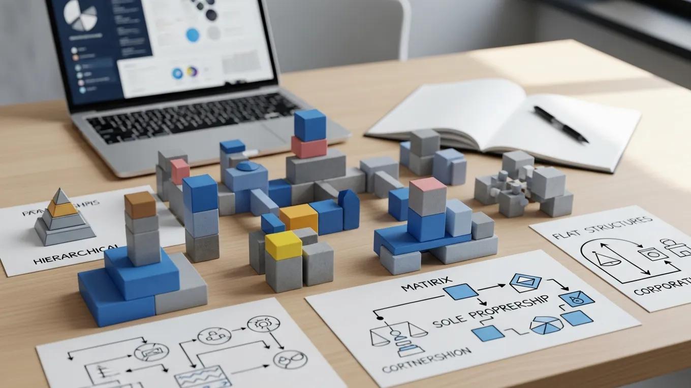 Visual representation of business structures for tech startups using creative layouts of building blocks