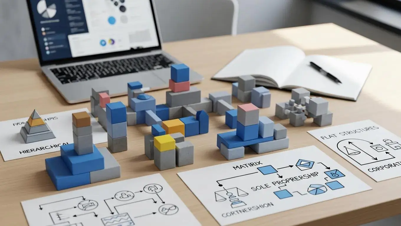 Visual representation of business structures for tech startups using creative layouts of building blocks
