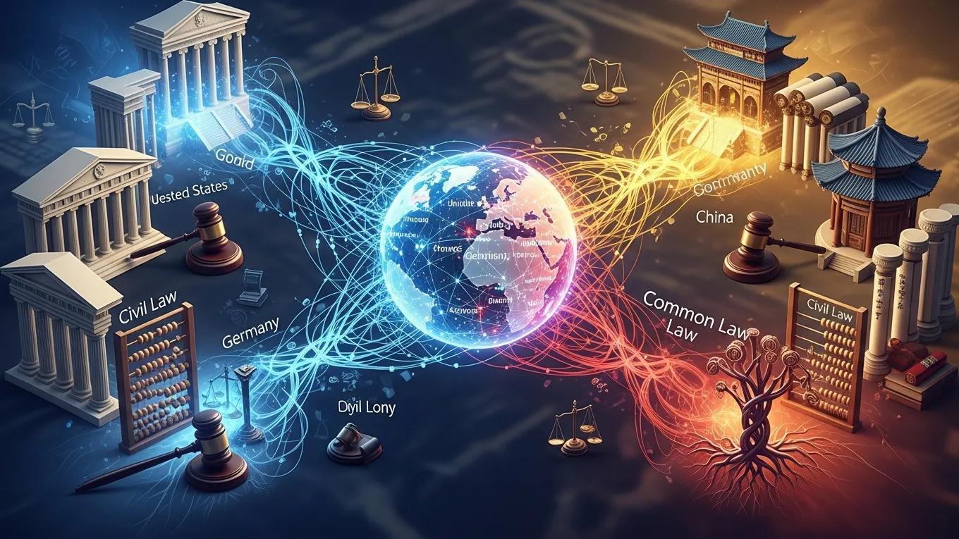 World map highlighting jurisdictional complexities in cross-border contract enforcement with legal symbols