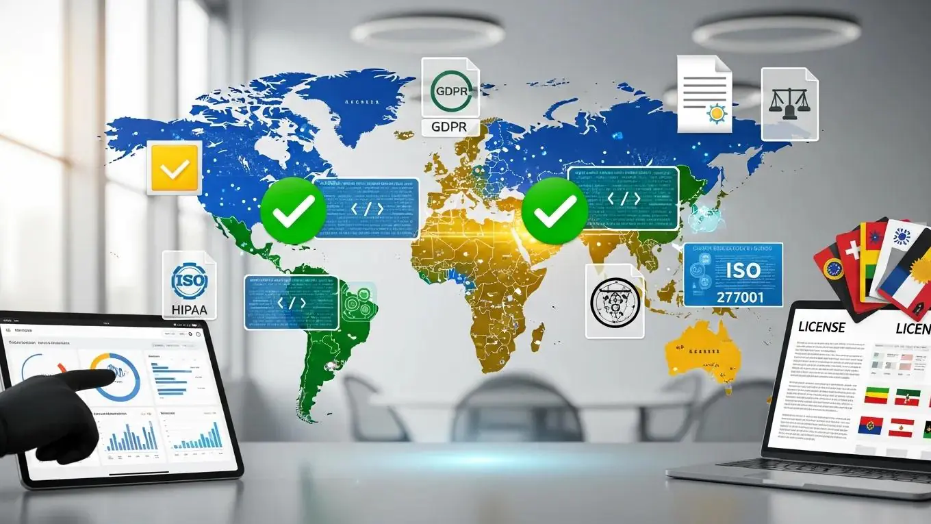 World map illustrating compliance standards for international tech company formation with digital symbols