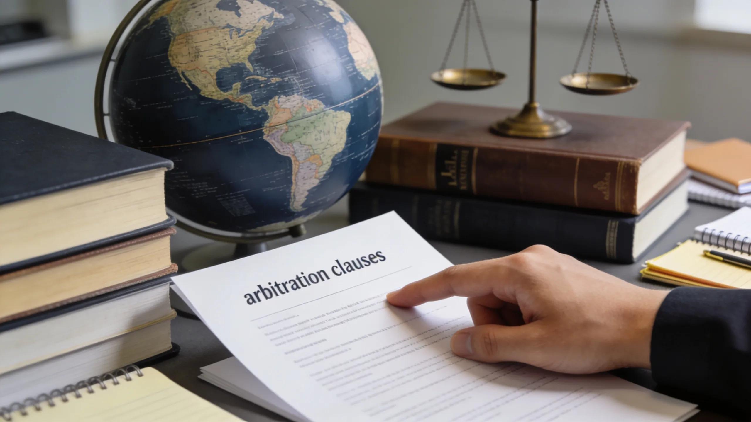 Close-up of arbitration clauses with a globe and legal books, representing strategic insights in arbitration