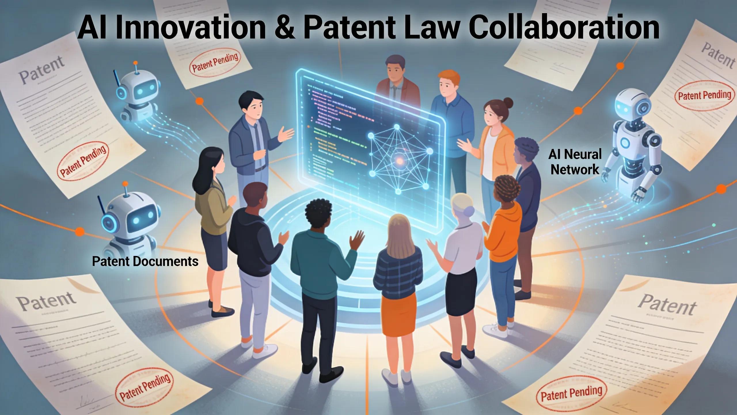 Professionals discussing patent law regarding AI innovations in a collaborative environment
