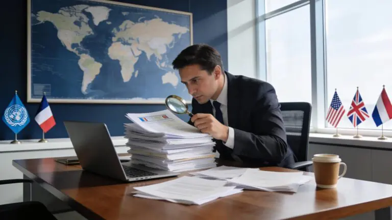 Legal professional evaluating documents in a modern office focused on cross-border disputes