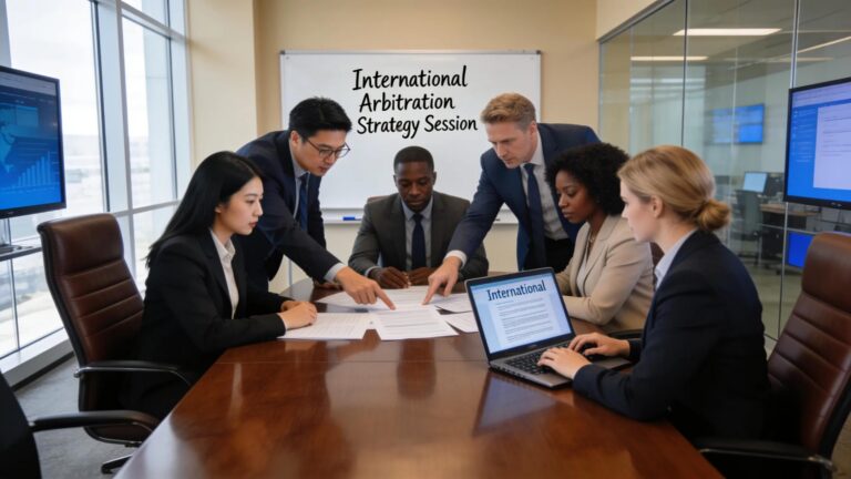 Diverse legal team discussing international arbitration strategies in a modern office