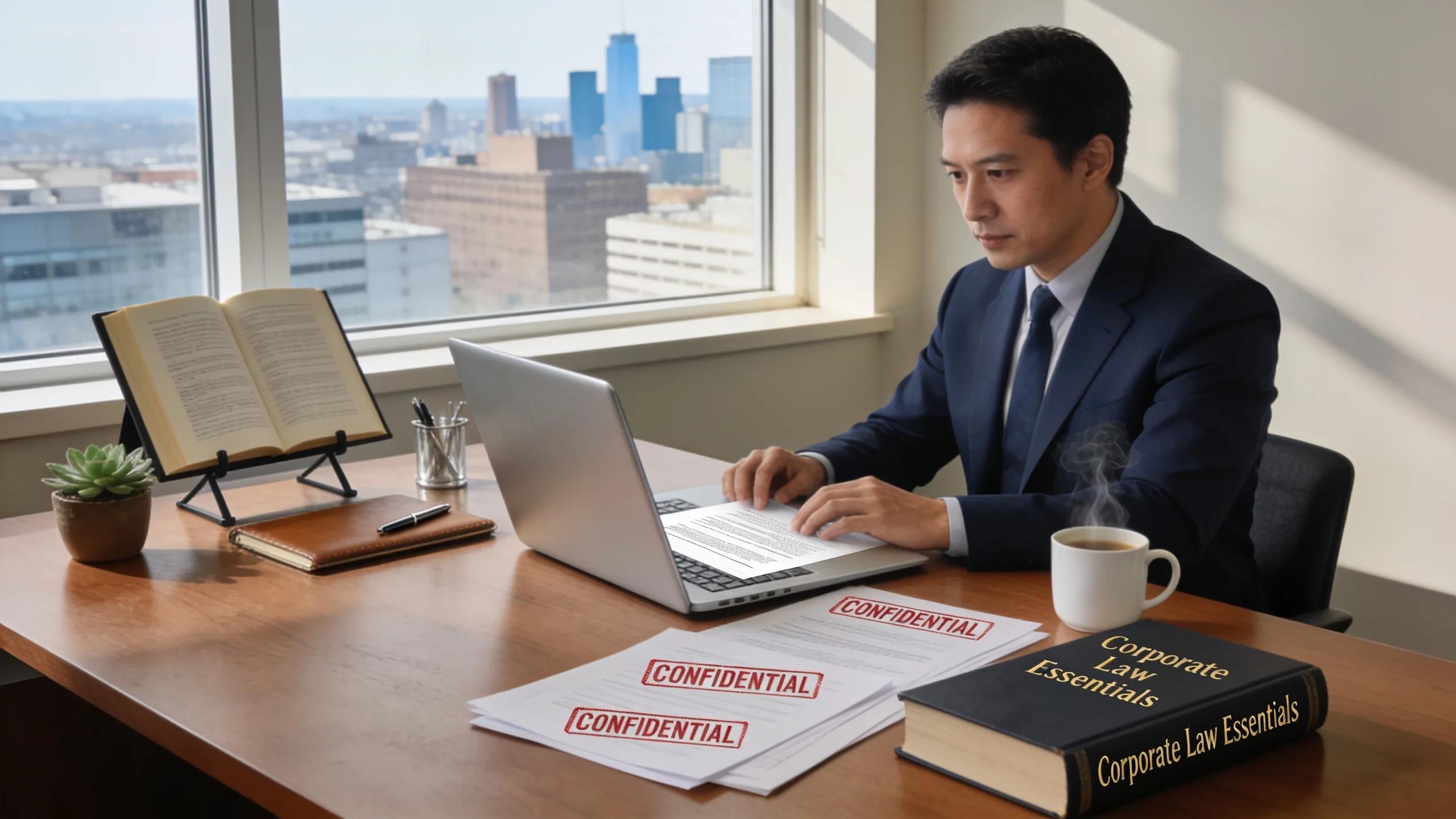 In-house legal counsel working diligently in a corporate office, reflecting professionalism