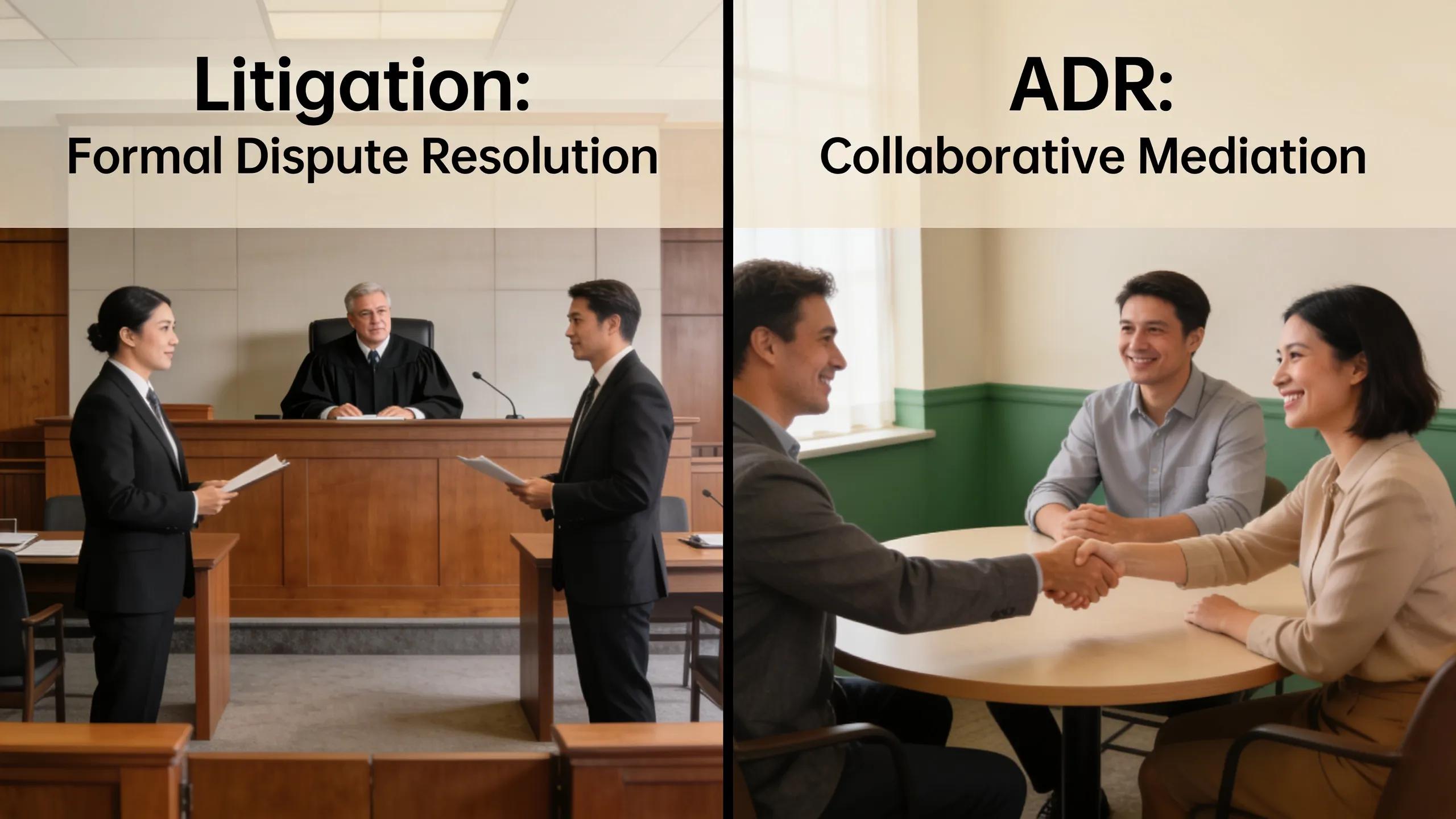 Comparison image showcasing the benefits of litigation and alternative dispute resolution in legal contexts