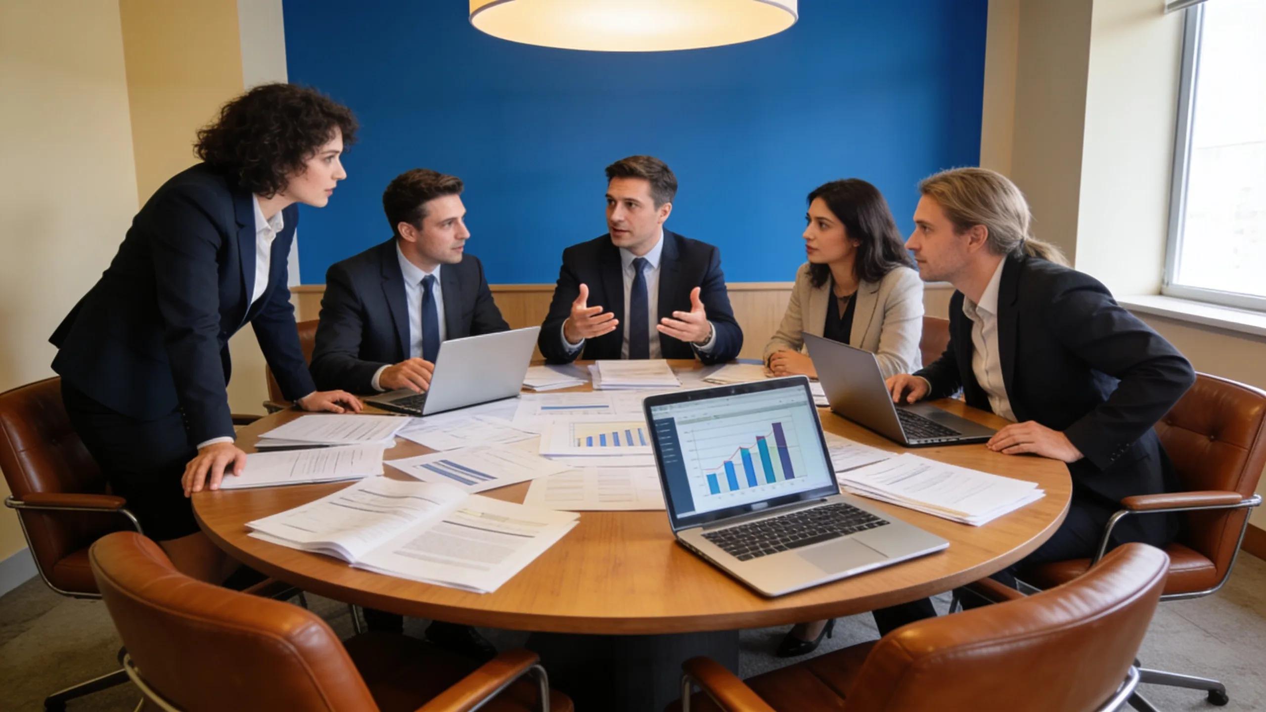 External legal team presenting strategic advantages to clients in a dynamic meeting room