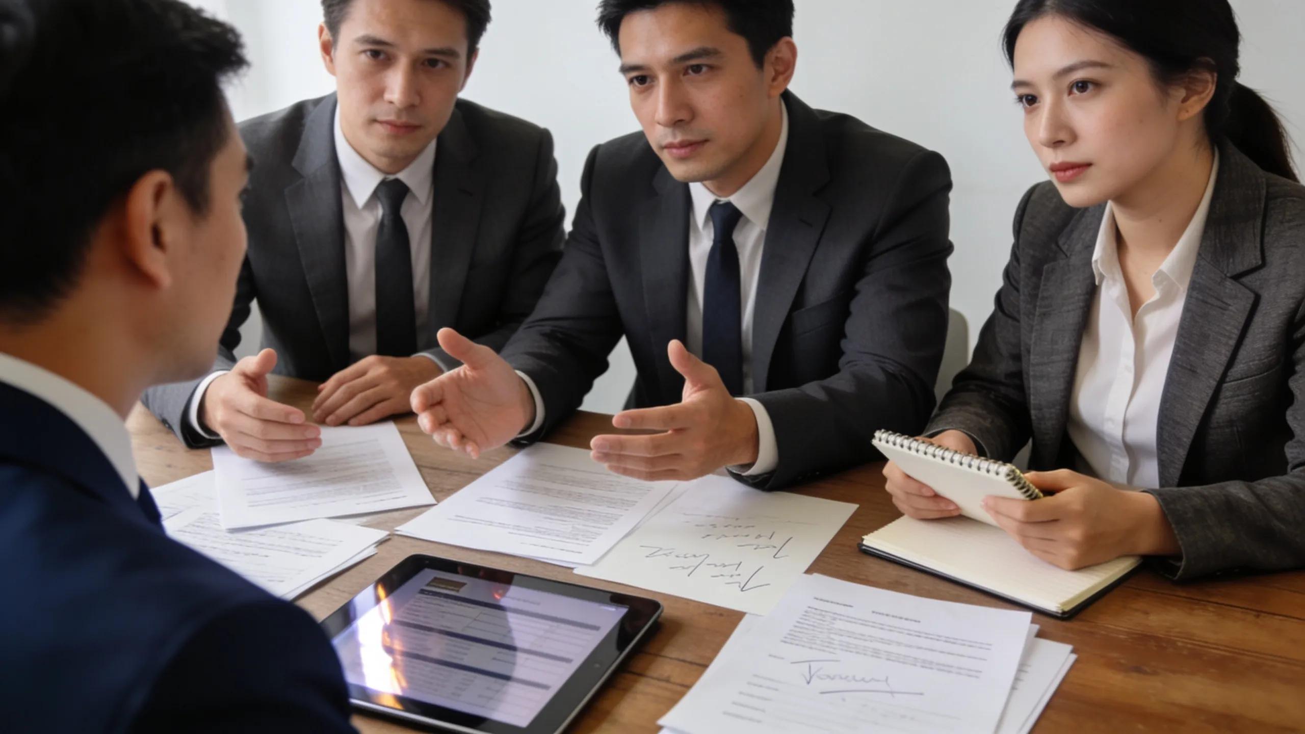 Legal team conducting an interview with a potential arbitration lawyer in a professional office.