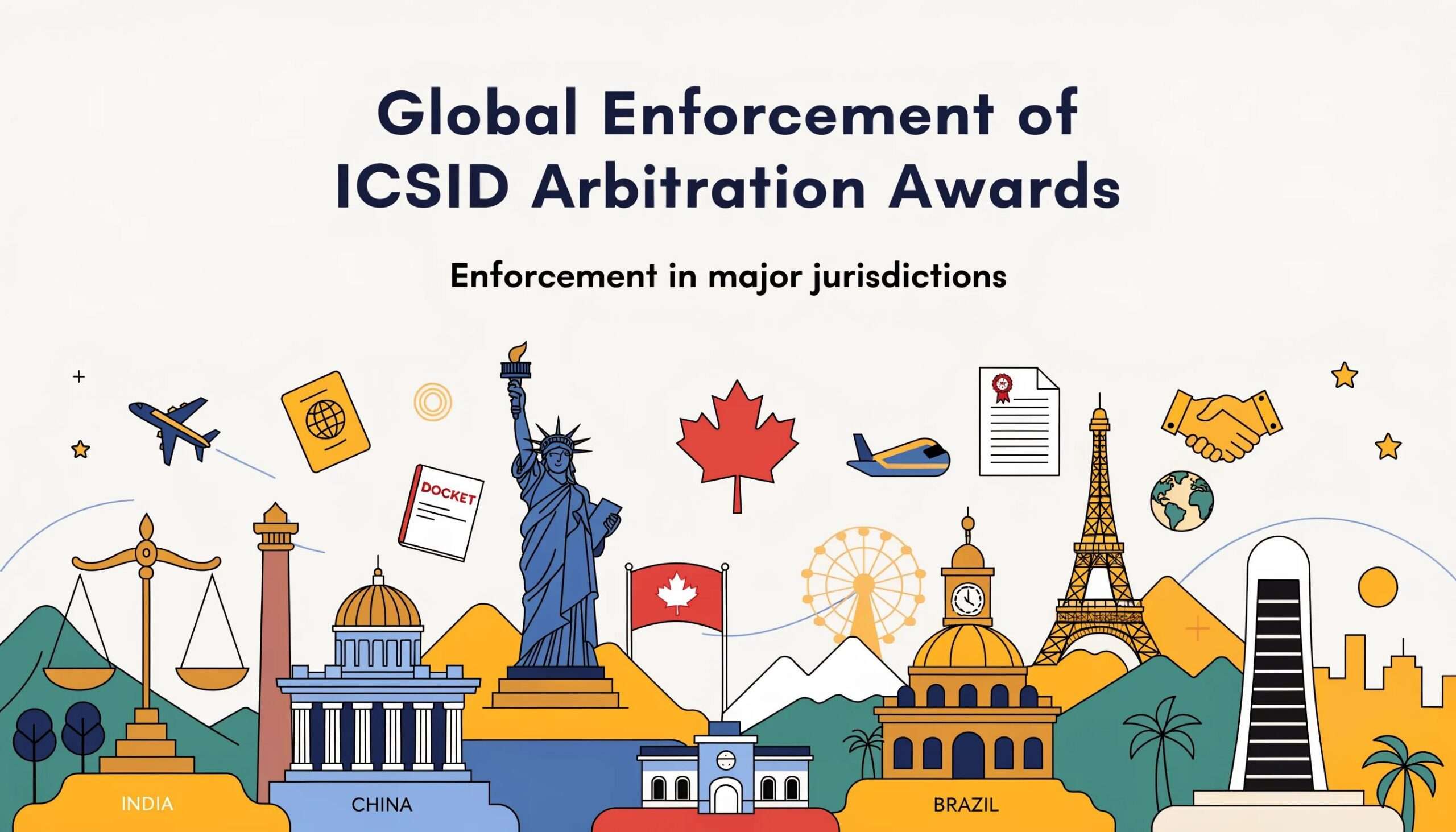 Global legal symbols representing ICSID award enforcement across different legal systems