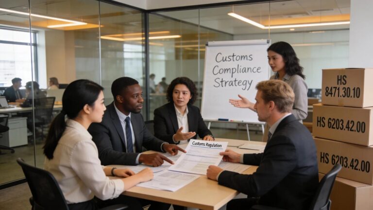 Engaged importers collaborating on customs valuation strategies in an international trade environment