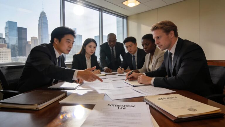 Business professionals collaborating on international dispute resolution strategies