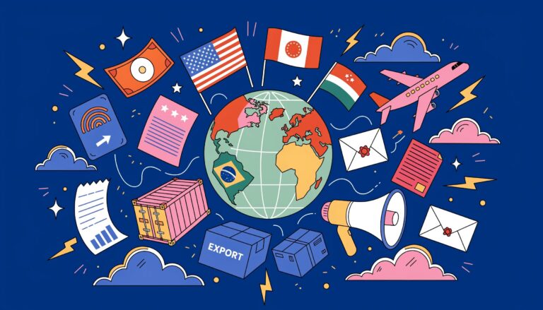Illustration of global trade agreements with a globe and international icons highlighting trade collaboration