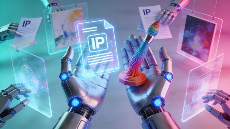Intellectual property concepts in AI with futuristic elements depicting creativity and technology