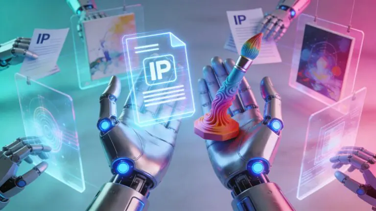 Intellectual property concepts in AI with futuristic elements depicting creativity and technology