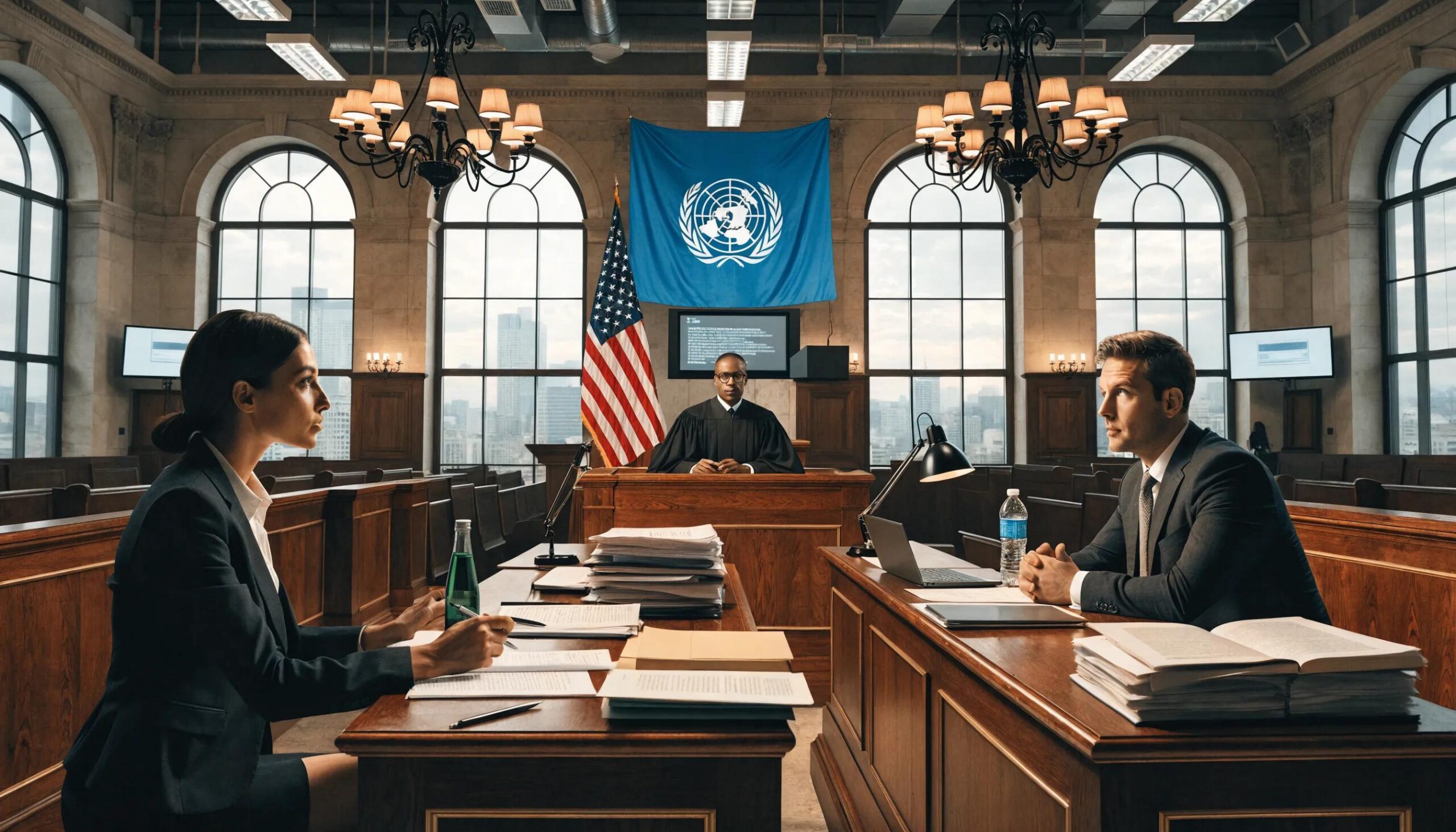 Courtroom scene depicting Investor-State Dispute Settlement mechanisms in action