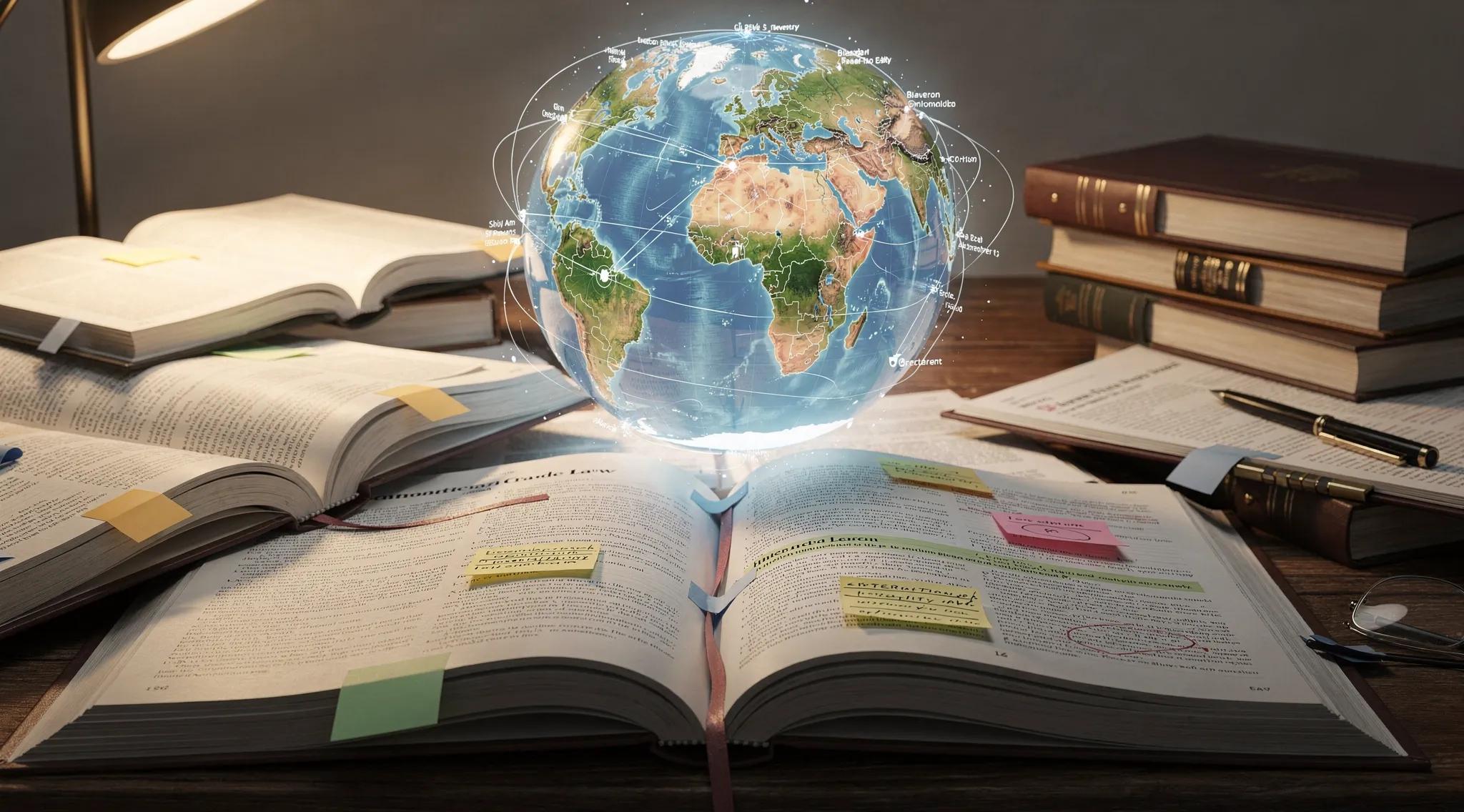 Open legal books and documents representing international trade laws and anti-dumping agreements