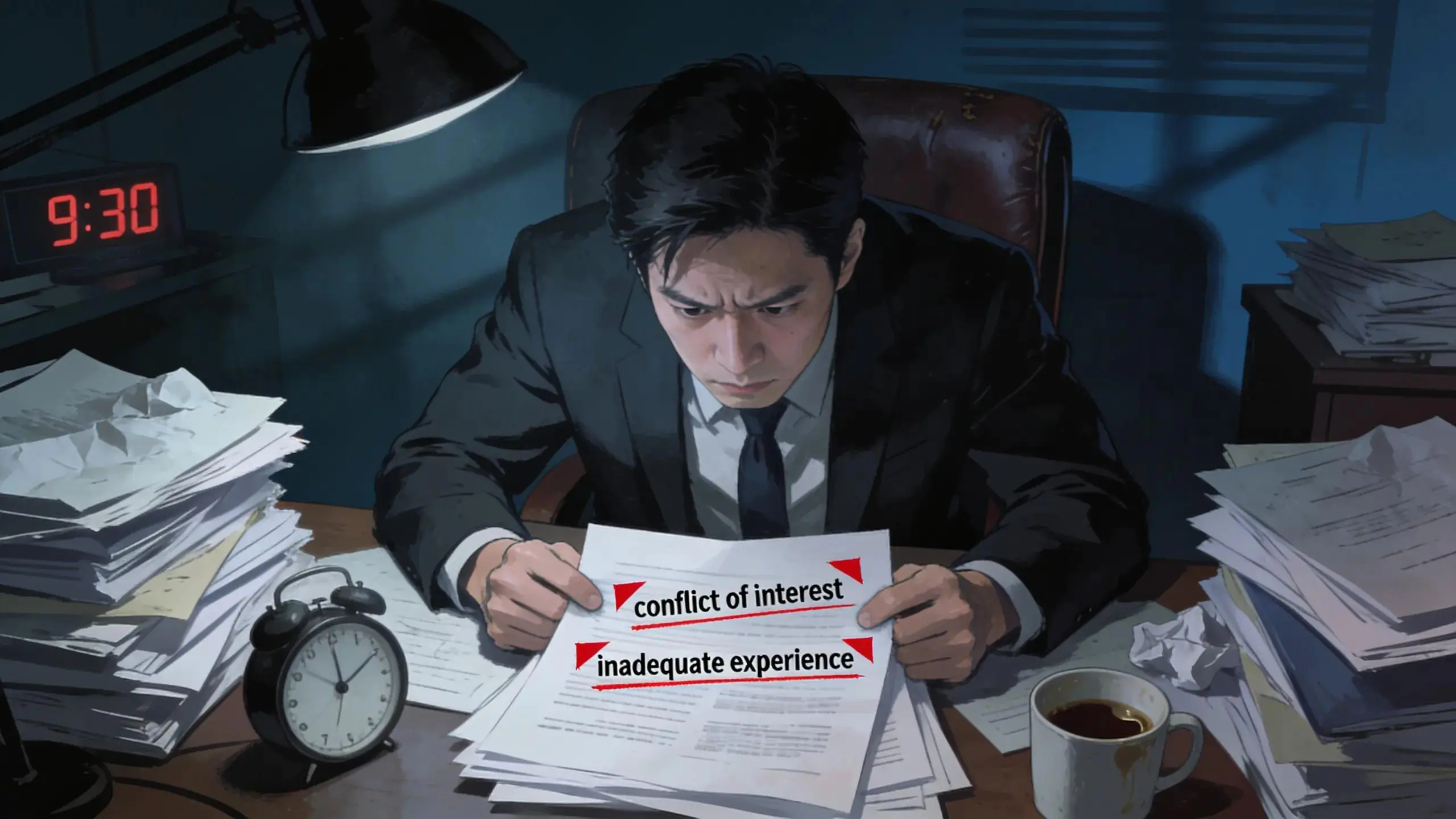Frustrated in-house counsel reviewing documents with red flags concerning lawyer hiring.