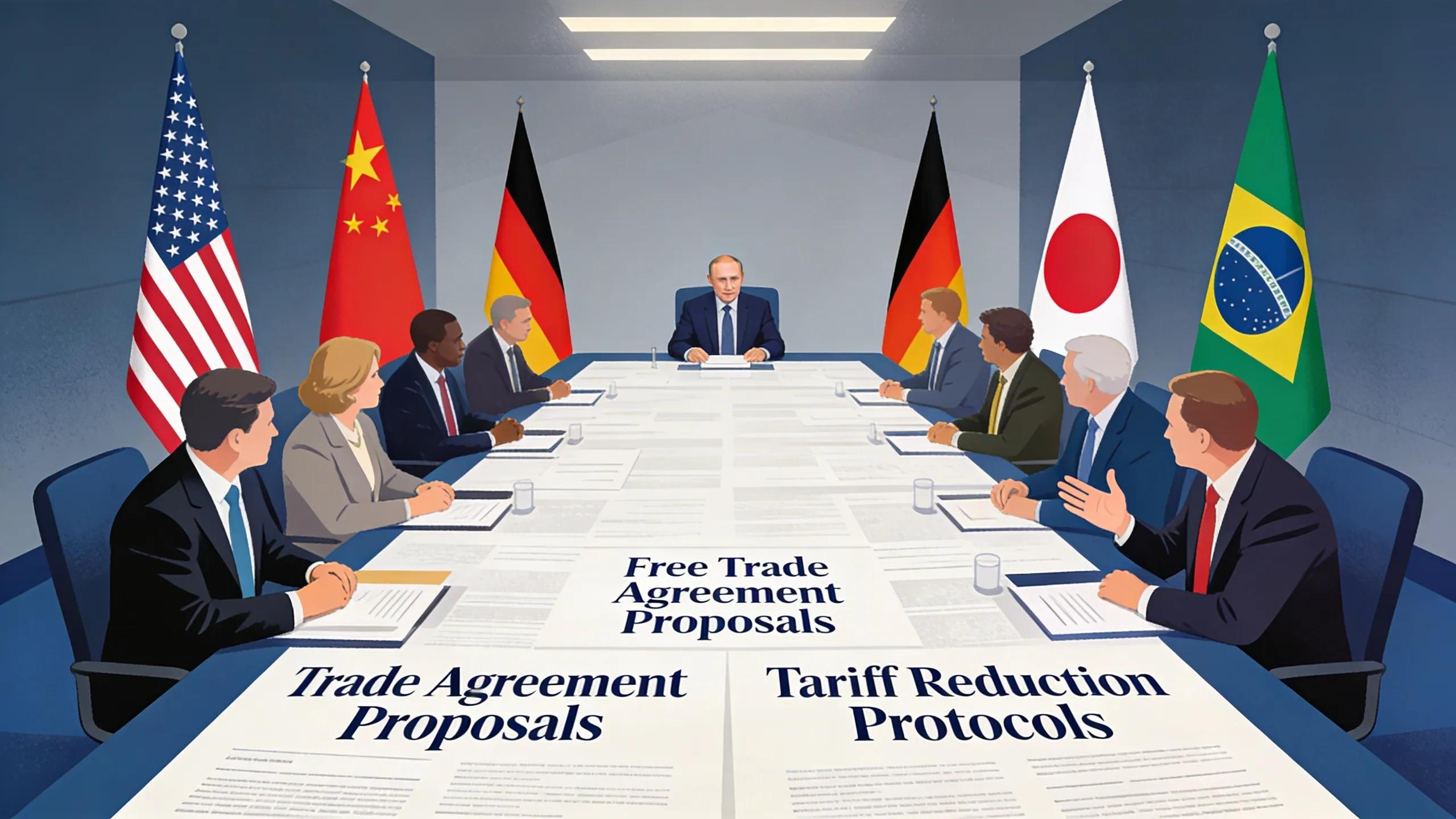 Delegates discussing at a conference table symbolizing multilateral trade cooperation among nations