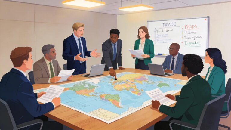 Image illustrating professionals discussing international trade disputes with a global trade map