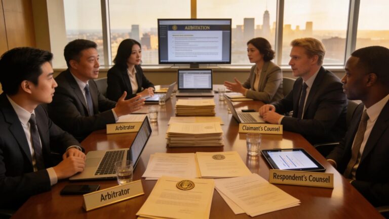 Diverse legal professionals discussing arbitration strategies at a conference table