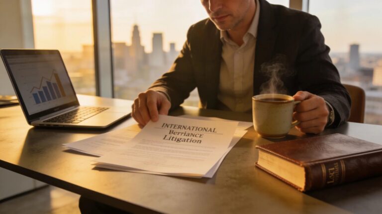 C-suite executive discussing international arbitration and litigation, illustrating financial decision-making in legal strategies