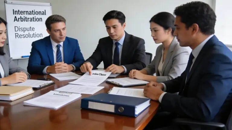 Professionals discussing international arbitration legal services in a corporate conference setting