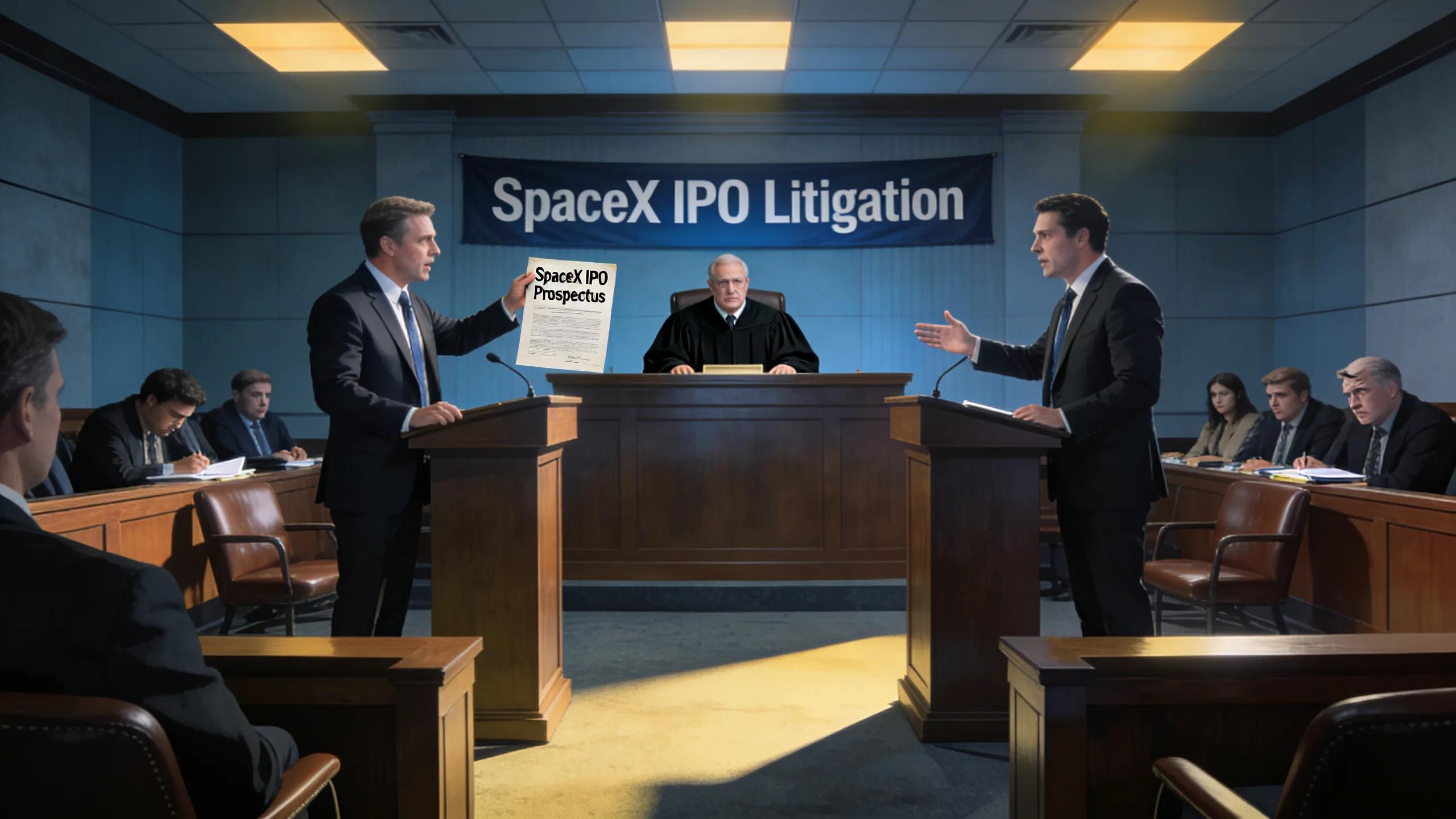 Courtroom scene depicting lawyers in litigation case related to IPO disputes emphasizing legal risks for SpaceX investors