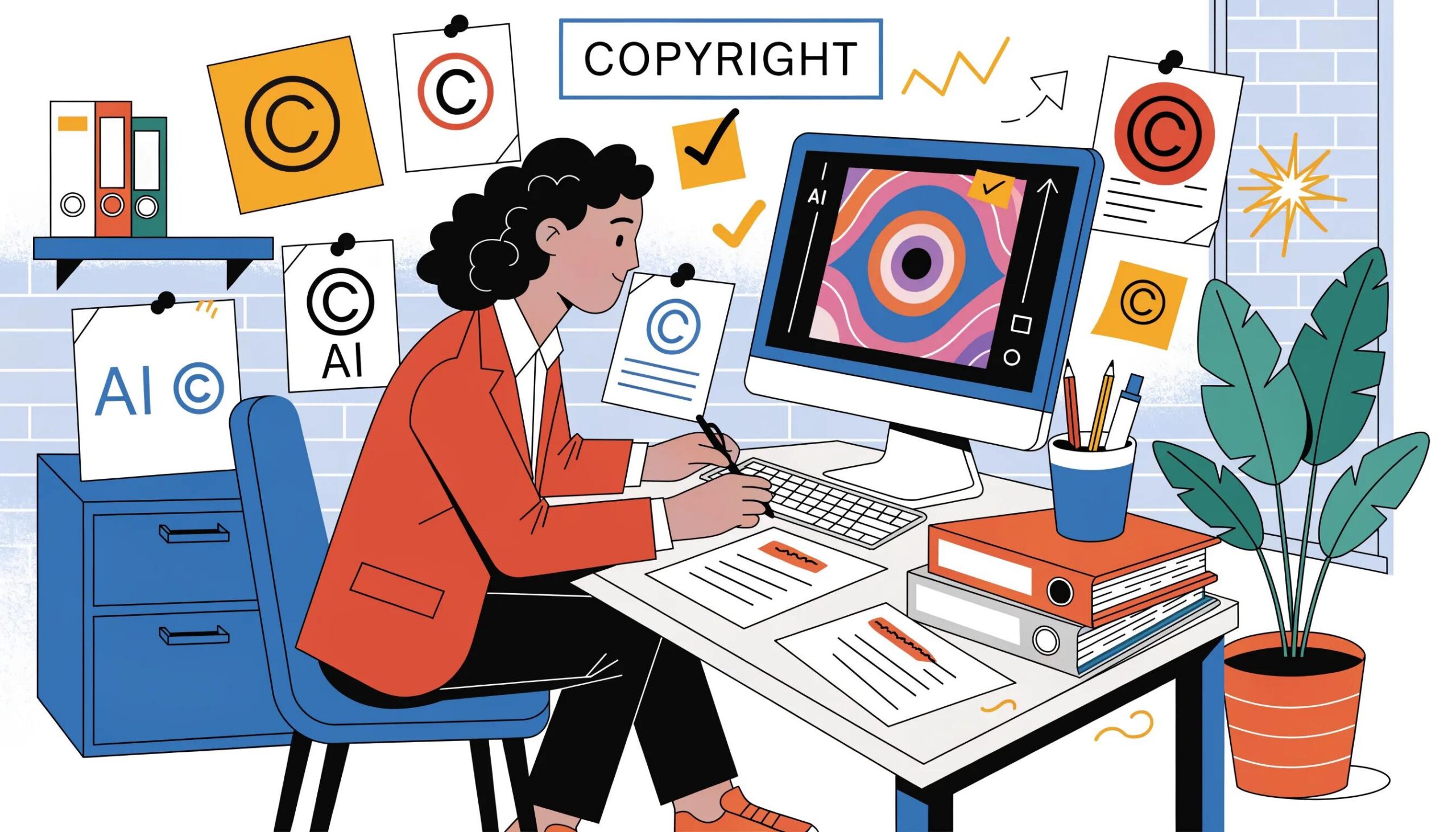 A lawyer examining AI-generated artwork with copyright symbols in a legal setting