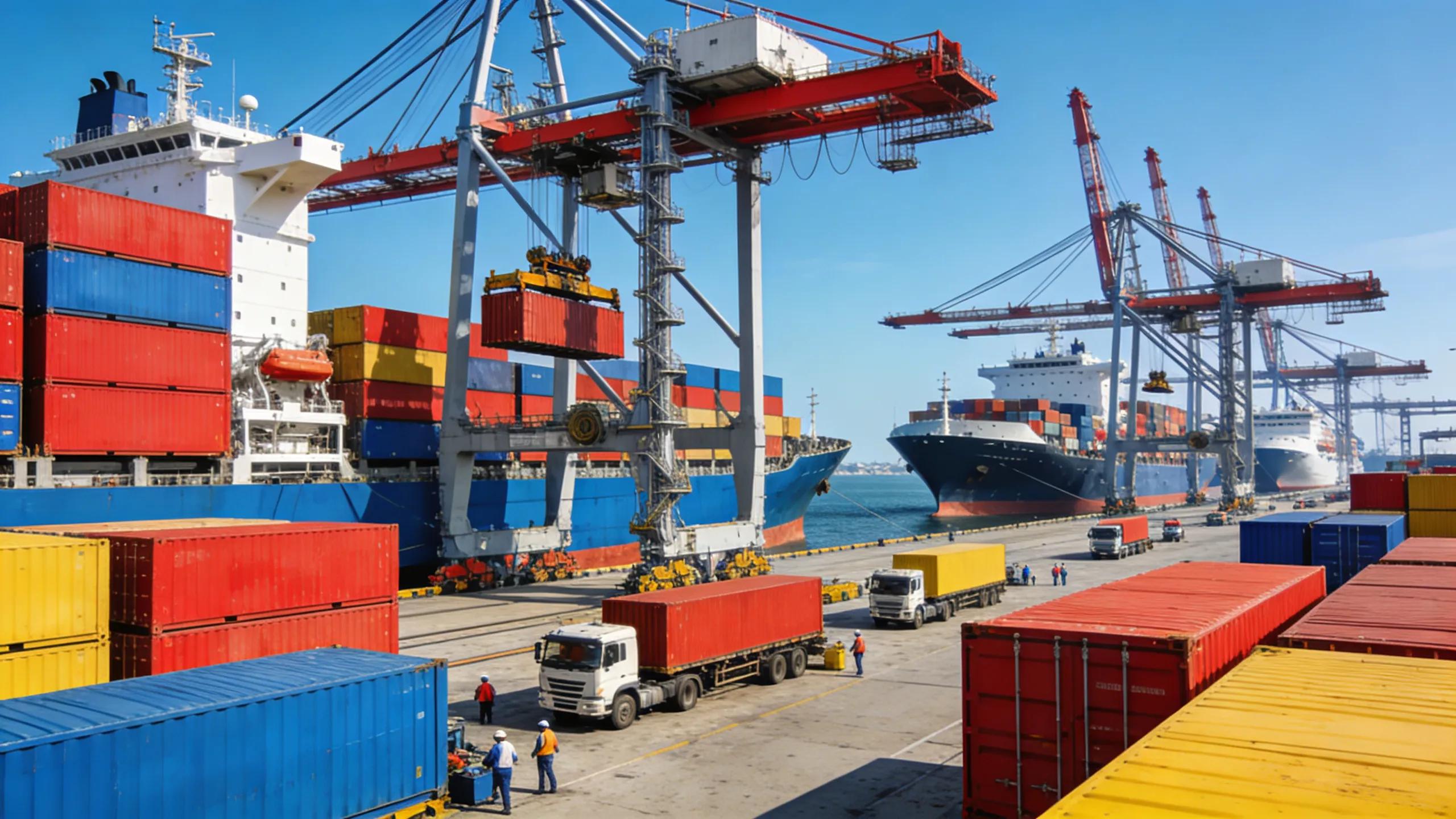 Vibrant trade port scene emphasizing international trade operations and globalization concepts