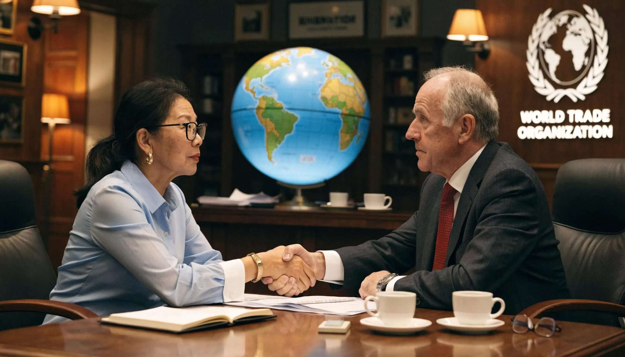 Image representing the consultation phase in WTO dispute resolution with handshake and globe