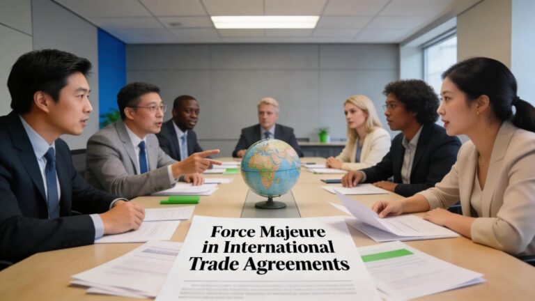 Business professionals discussing force majeure implications in international trade agreements