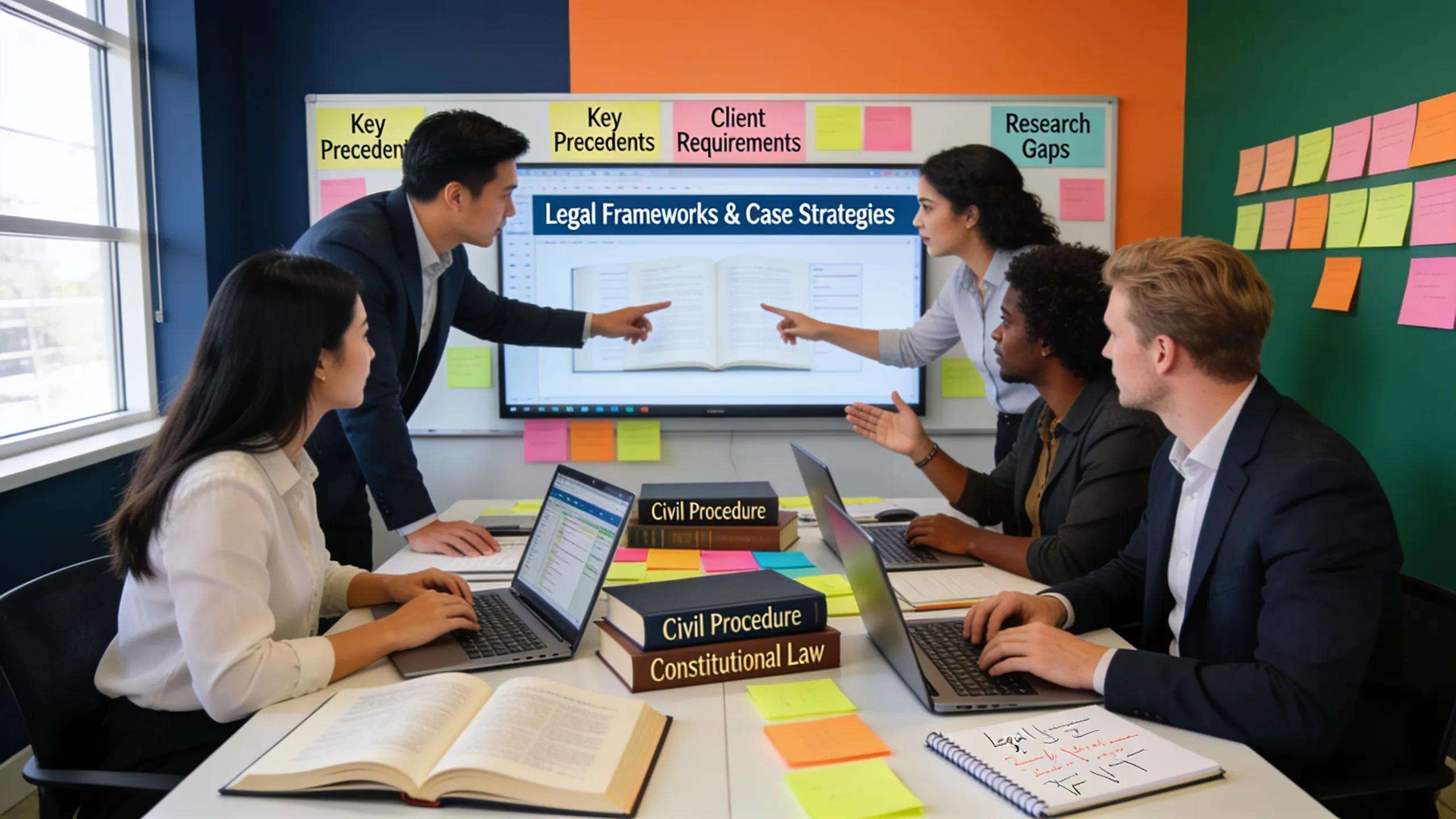 Diverse legal team collaborating on methodologies for legal risk evaluation
