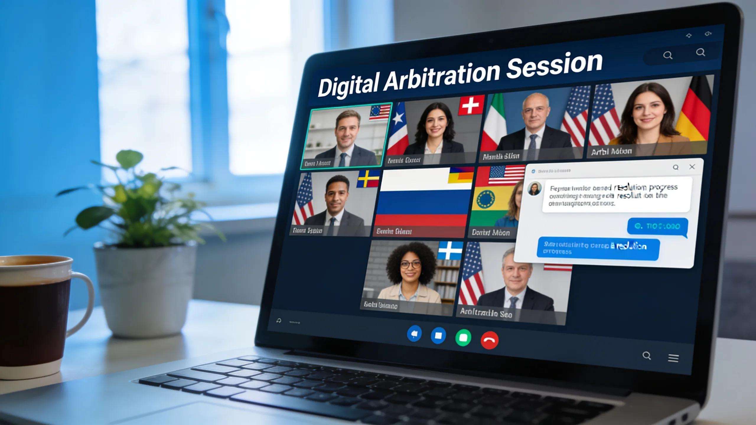 Digital arbitration session showcasing international participants engaged in virtual dispute resolution.