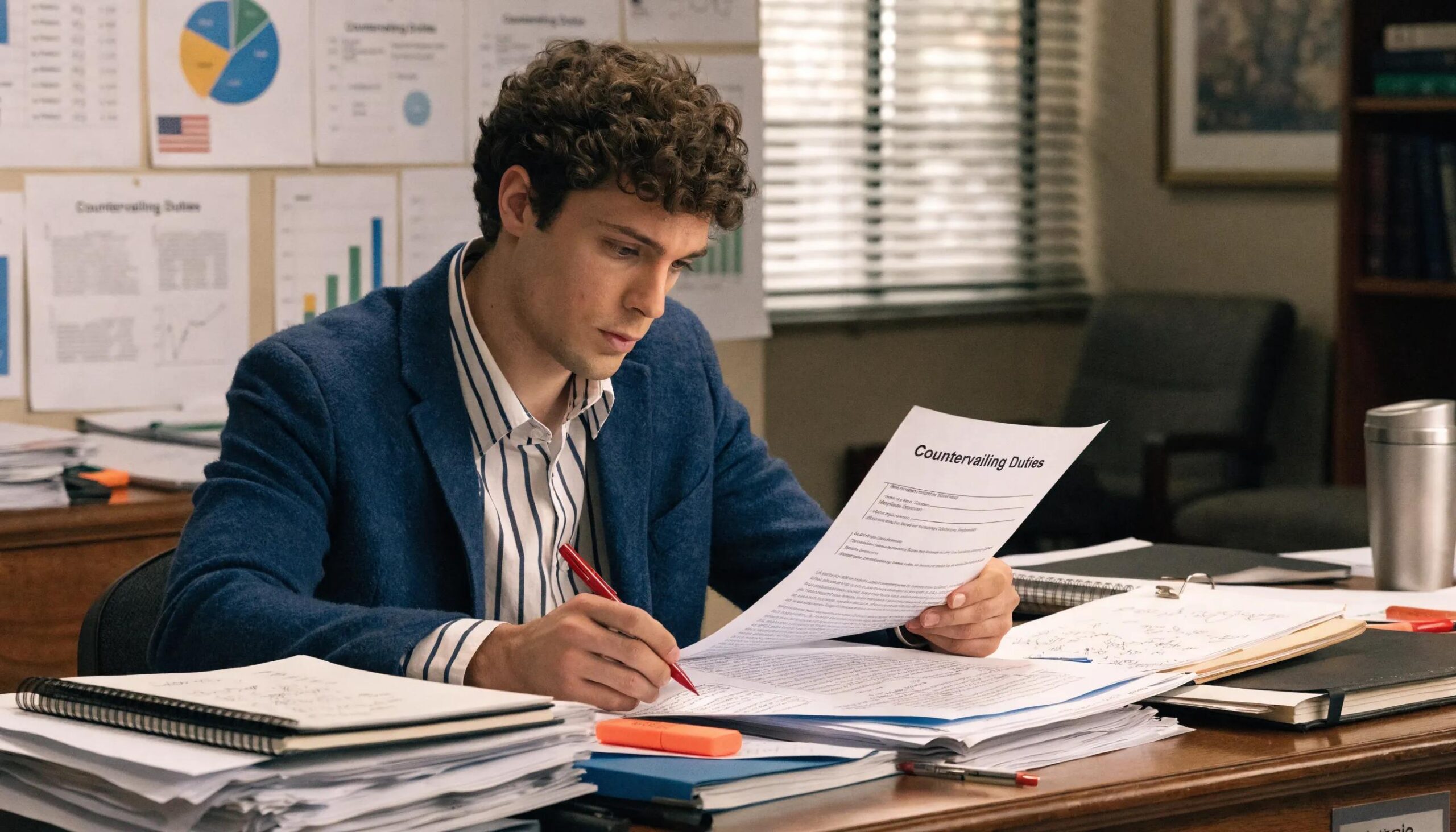 Trade lawyer analyzing countervailing duties documentation in a professional setting