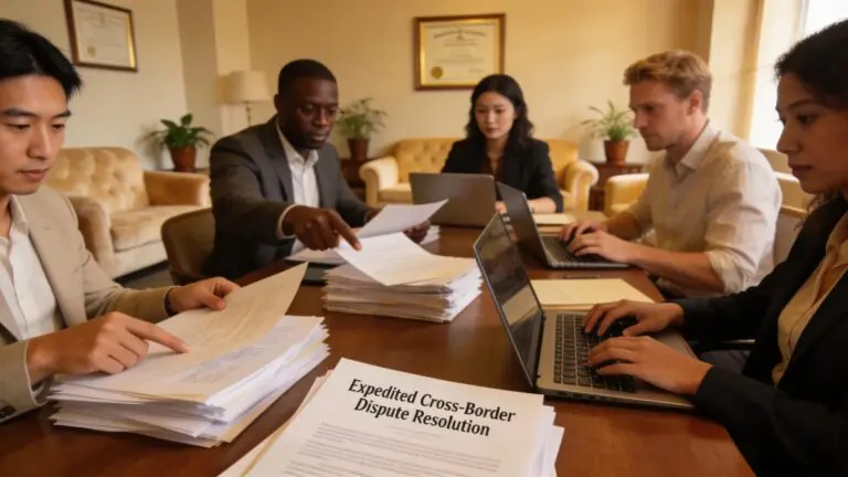 Legal professionals collaborating on cross-border dispute resolution strategies in a cozy office setting.