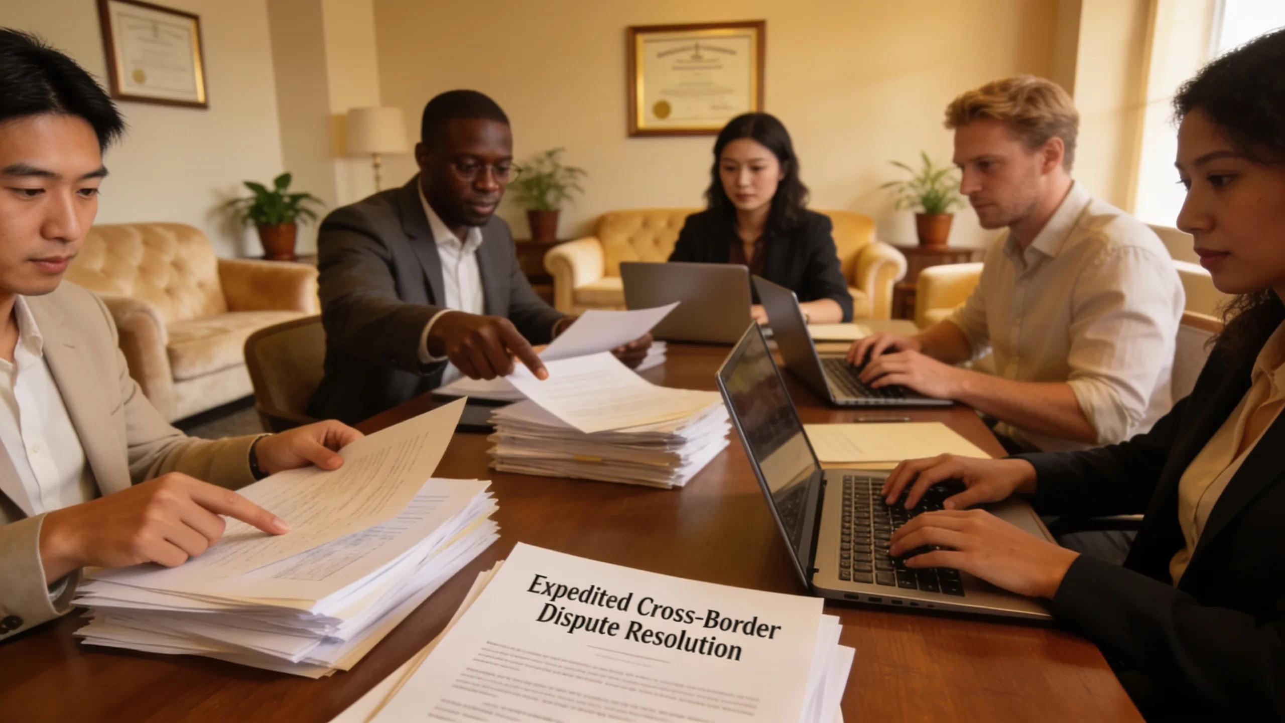 Legal professionals collaborating on cross-border dispute resolution strategies in a cozy office setting.