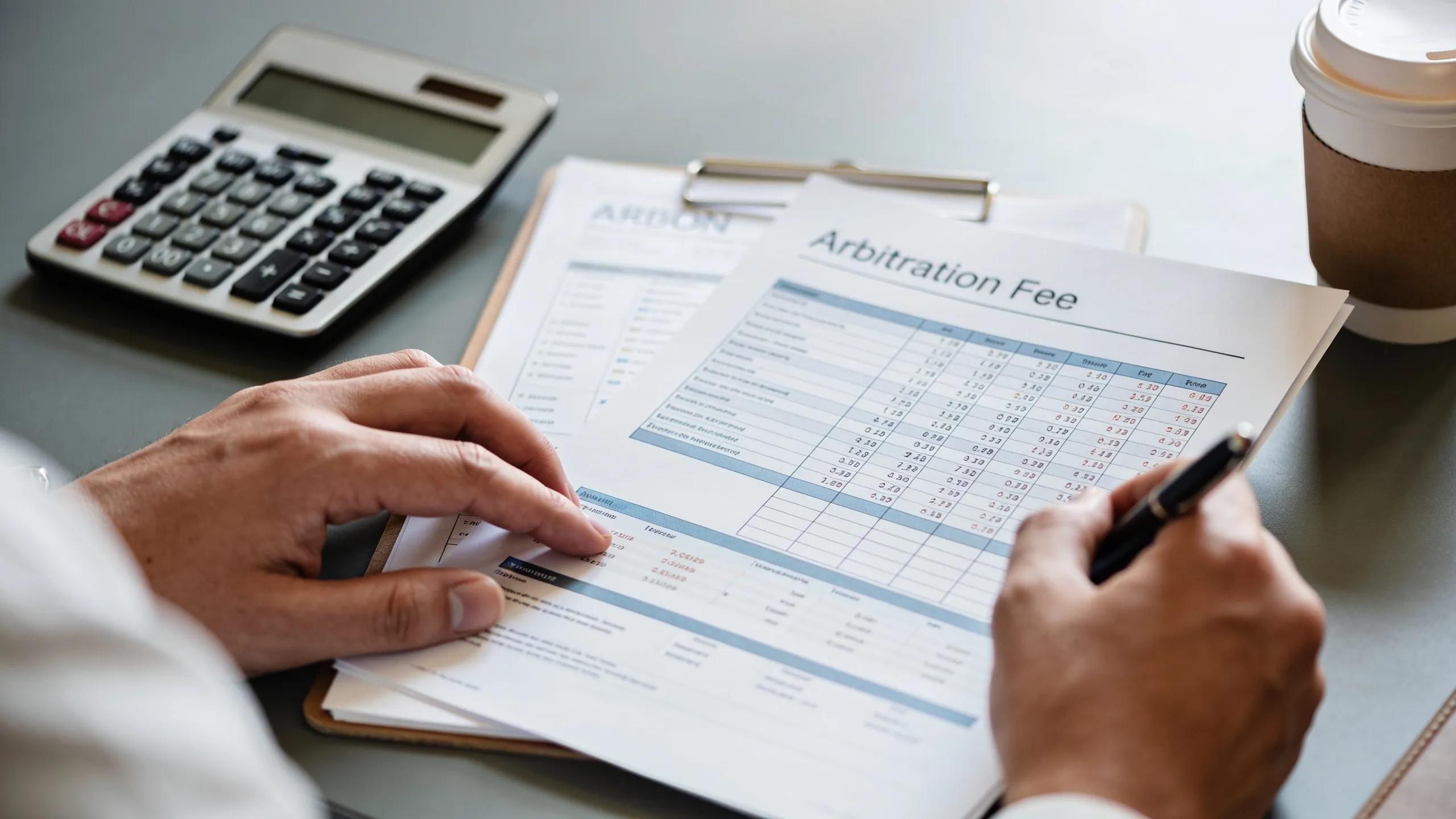Hands analyzing arbitration fees documents and calculating costs