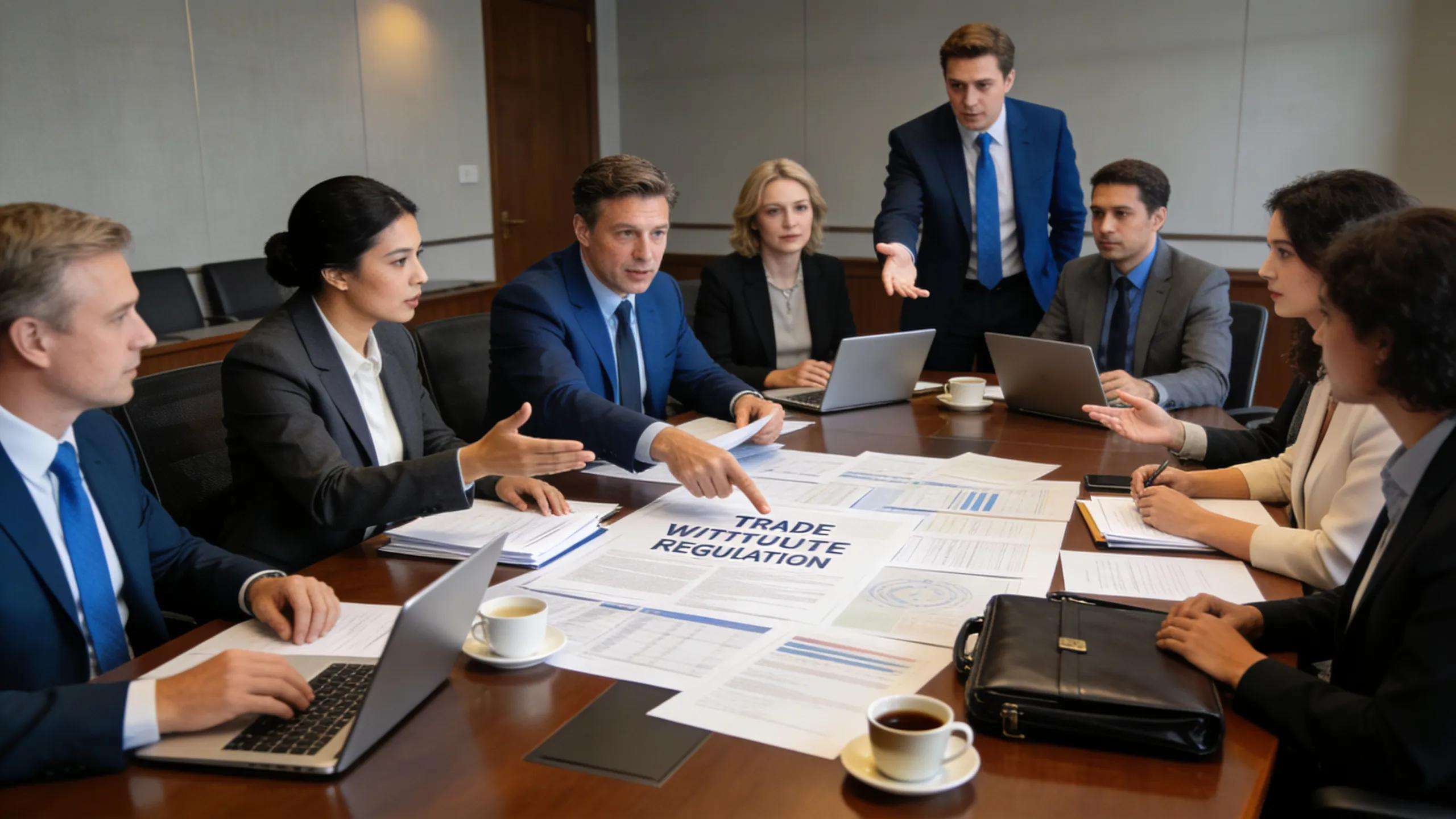 Image depicting diverse stakeholders in a WTO dispute resolution meeting discussing trade regulations