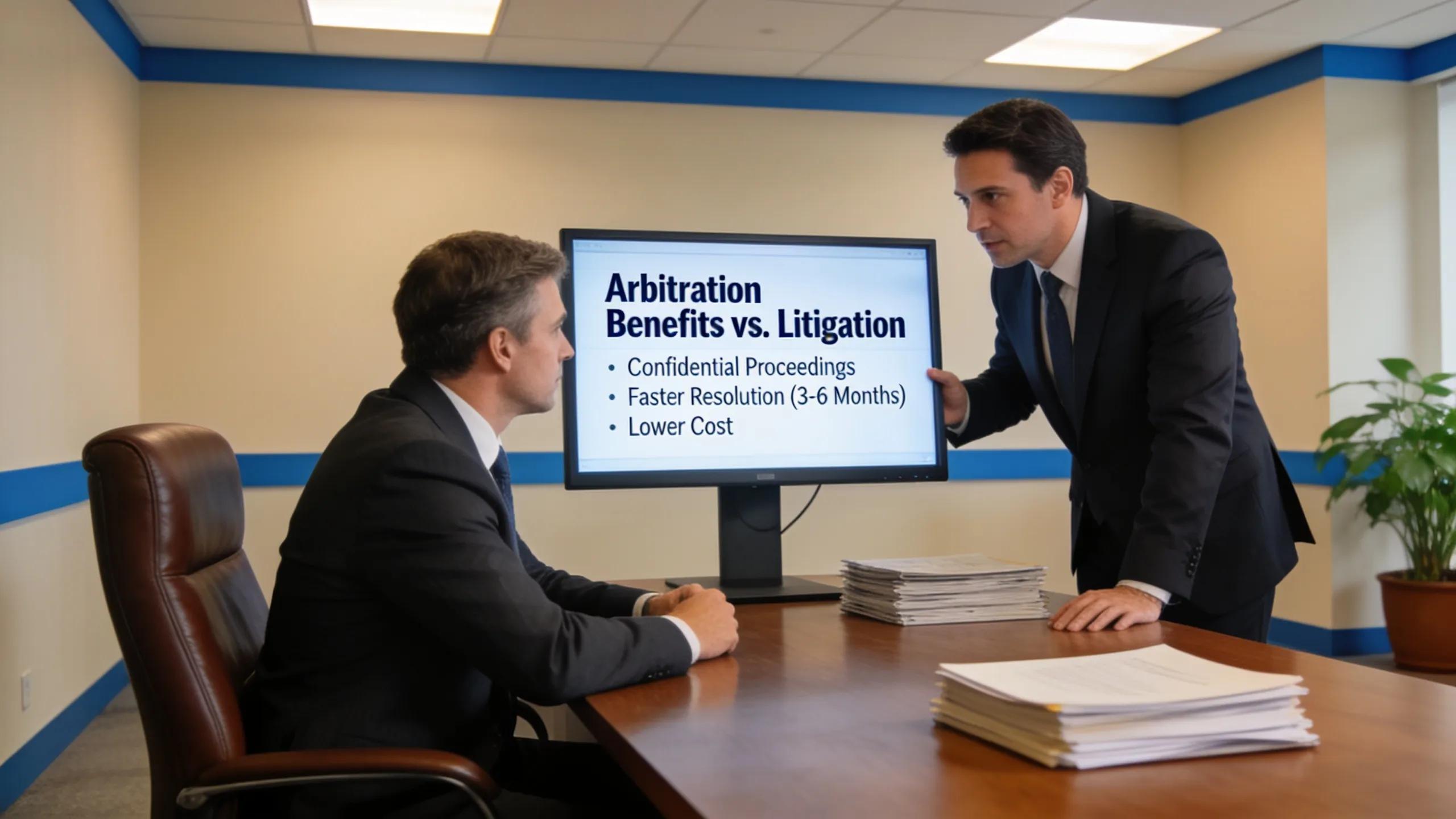 Legal advisor presenting advantages of arbitration services to corporate clients