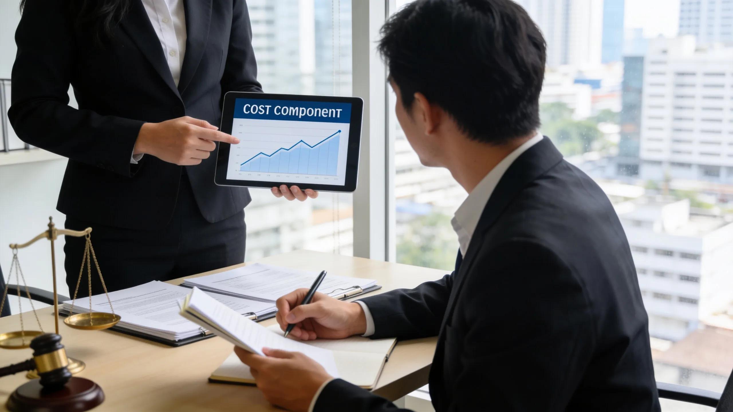 Business professionals analyzing cost components of arbitration and litigation in a modern office setting
