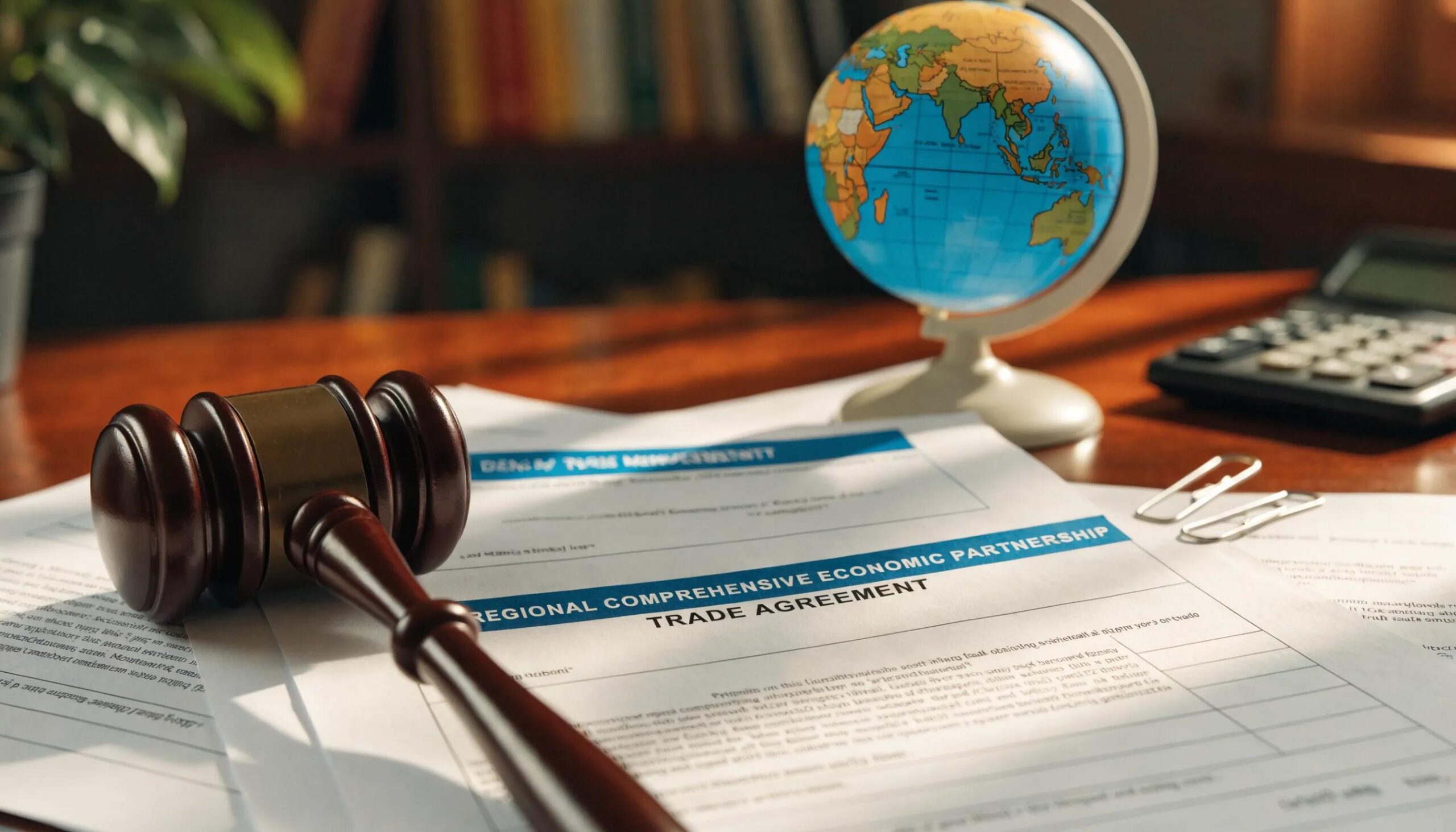 Close-up of trade legal documents and a gavel representing regional trade agreements and compliance
