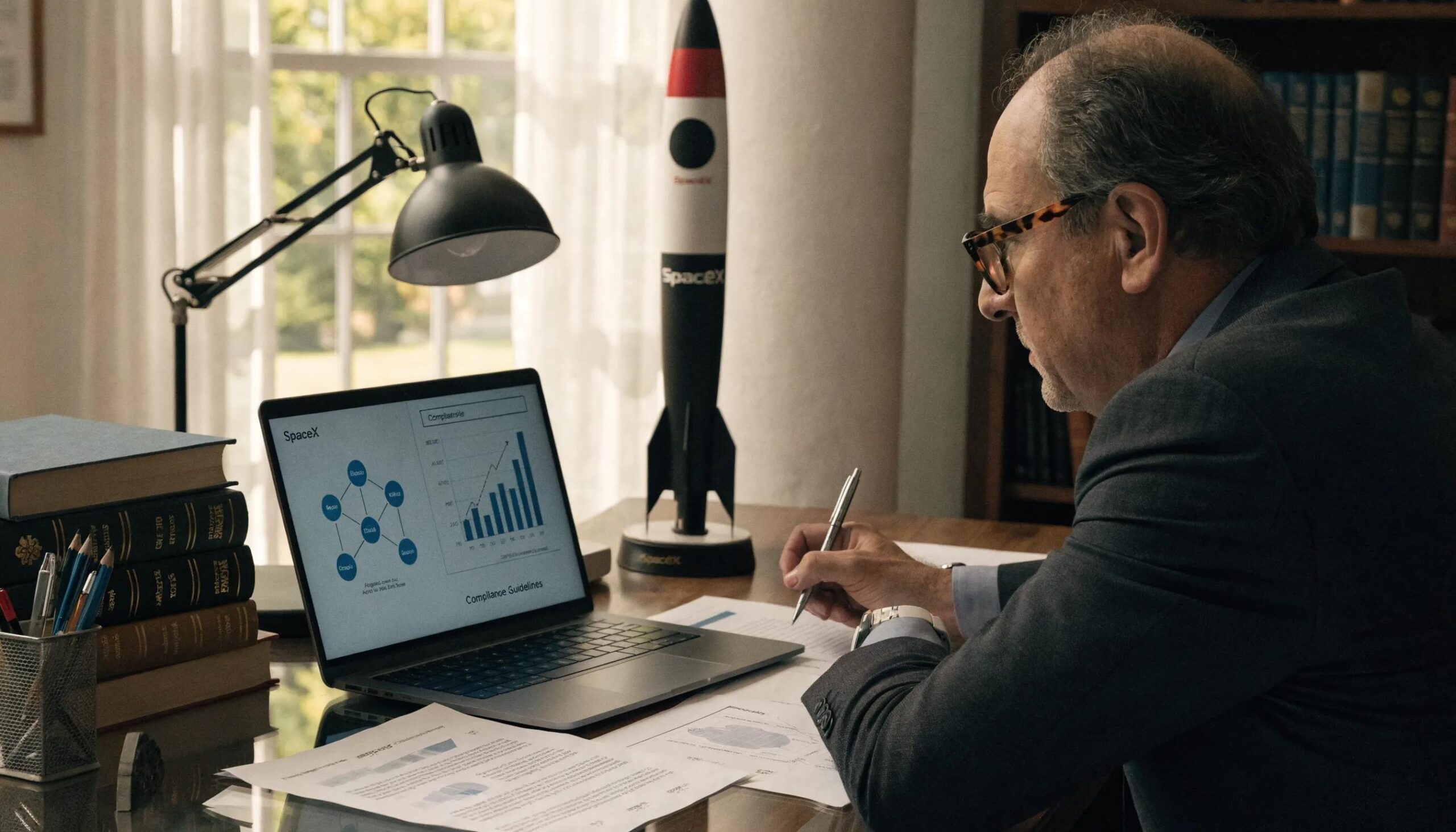 Legal expert reviewing compliance documents related to SpaceX IPO in a professional office environment with model rocket