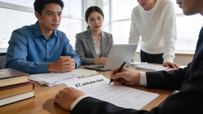 Lawyer drafting an ICC arbitration clause in a serious professional setting