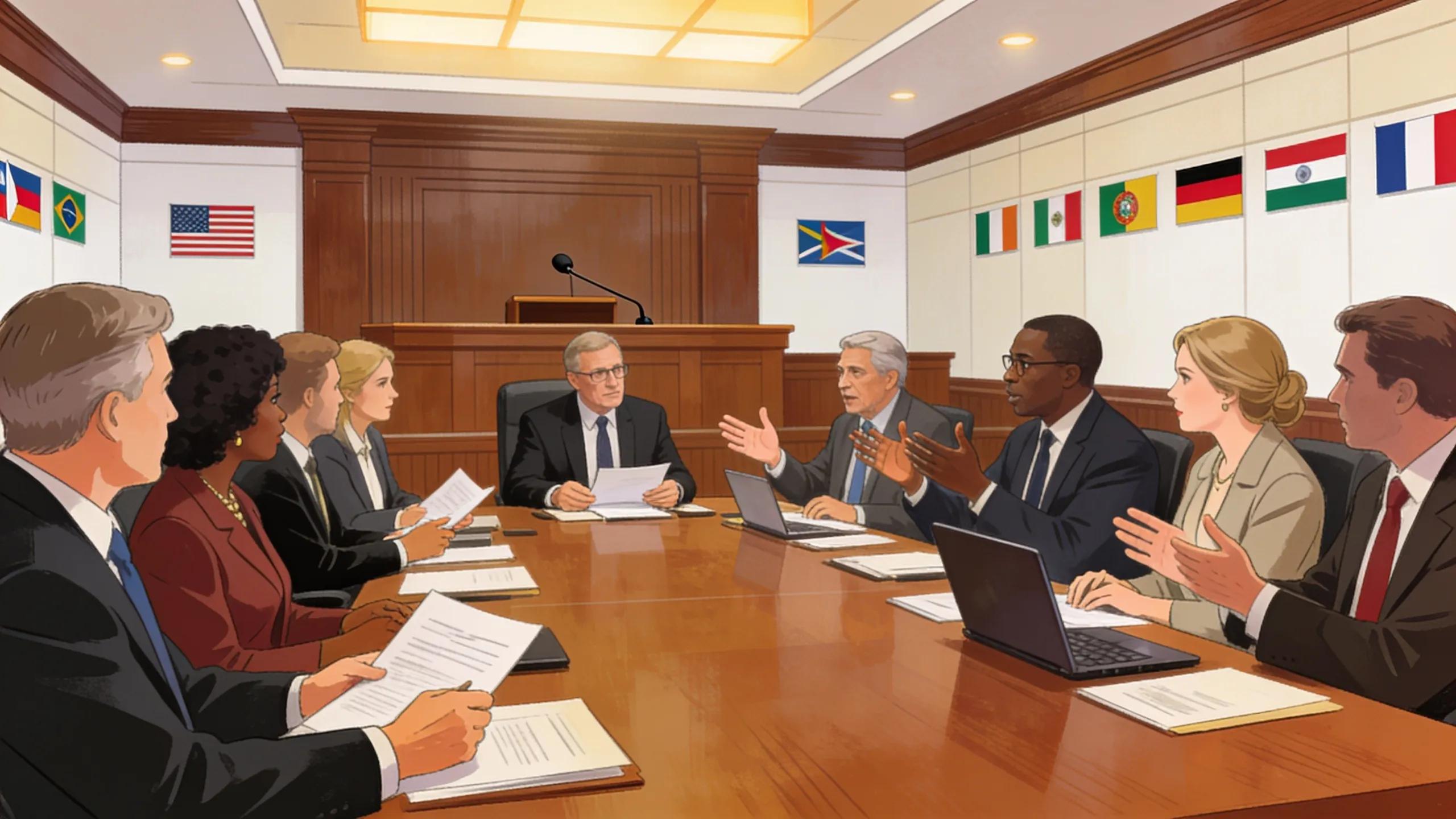 Courtroom setup for international arbitration with diverse legal representatives and arbitrators