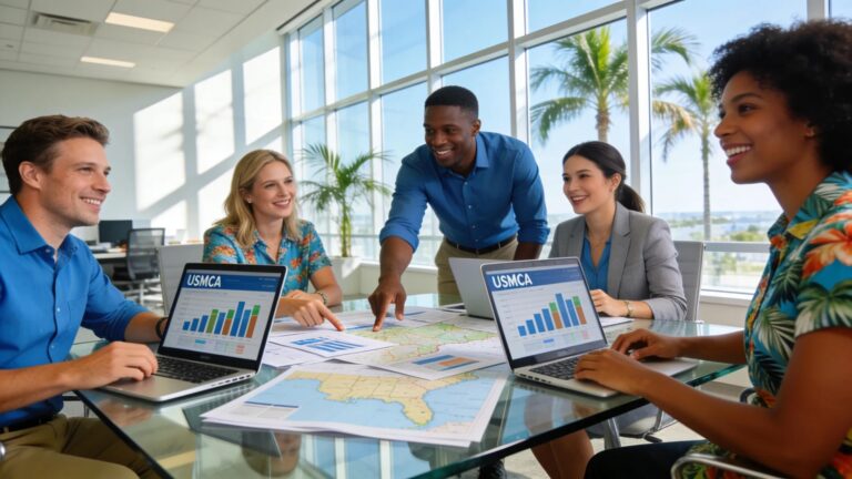 Business team discussing USMCA trade agreements and market access data.