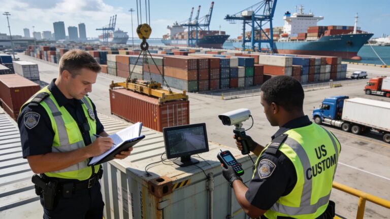 Port of Miami with customs officials inspecting cargo, offering a glimpse into the customs enforcement process