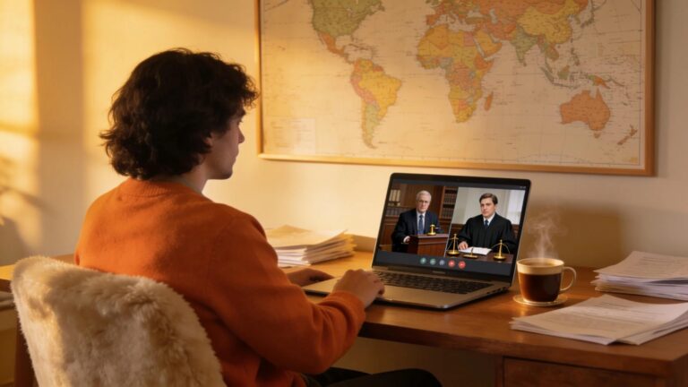 Man using laptop for international asset recovery legal consultation and arbitration.